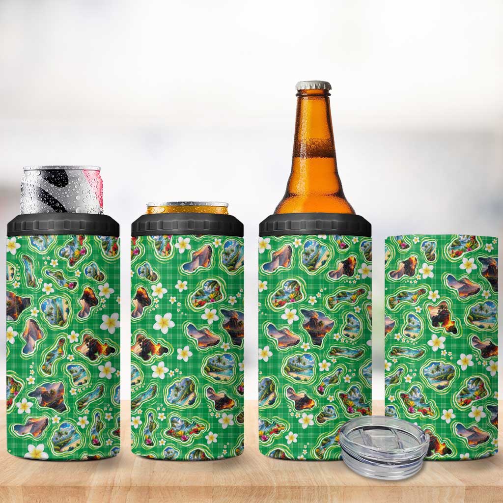 Hawaii Map with Plumeria Flower and Palaka Pattern 4 in 1 Can Cooler Tumbler Tropical Island Green Design