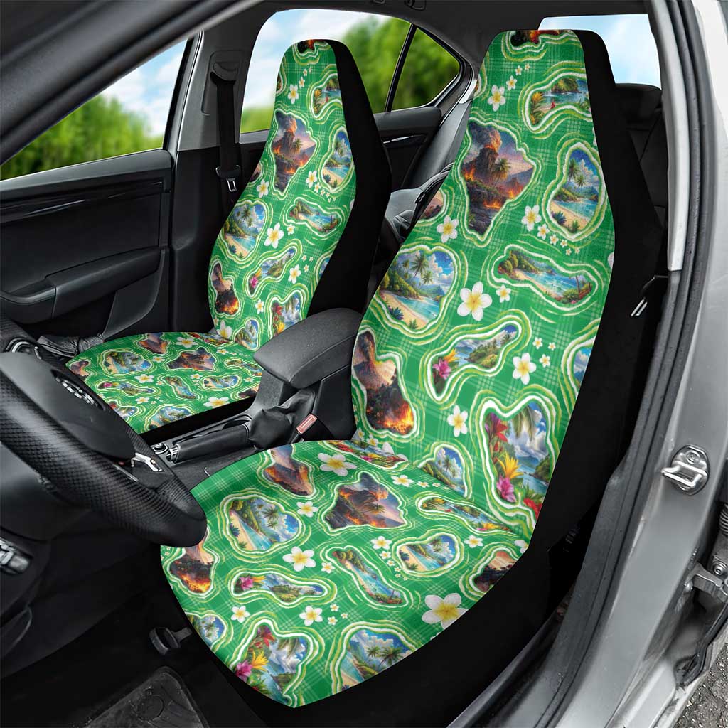 Hawaii Map with Plumeria Flower and Palaka Pattern Car Seat Cover Tropical Island Green Design