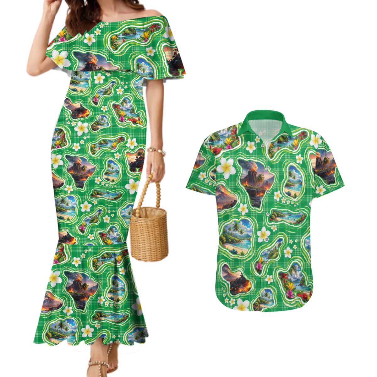 Hawaii Map with Plumeria Flower and Palaka Pattern Couples Matching Mermaid Dress and Hawaiian Shirt Tropical Island Green Design LT03 Green - Polynesian Pride