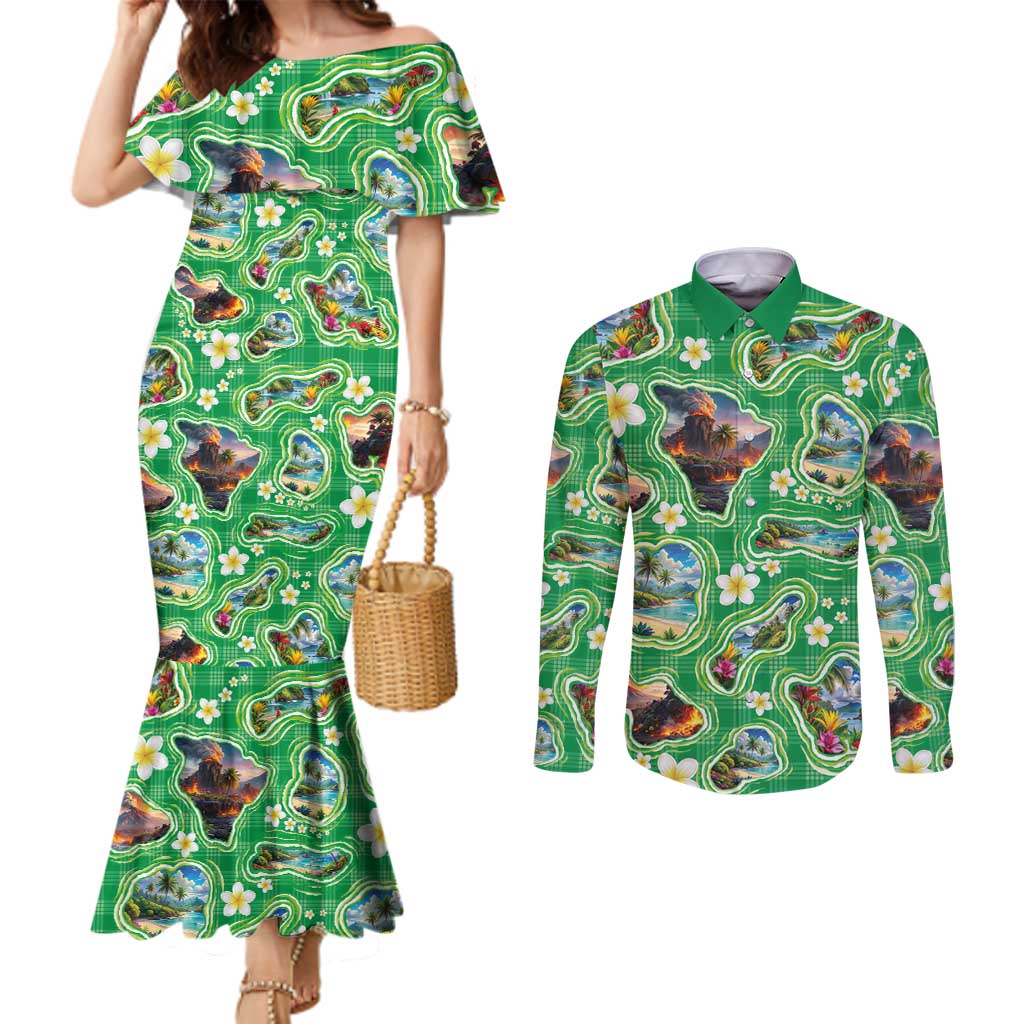 Hawaii Map with Plumeria Flower and Palaka Pattern Couples Matching Mermaid Dress and Long Sleeve Button Shirt Tropical Island Green Design