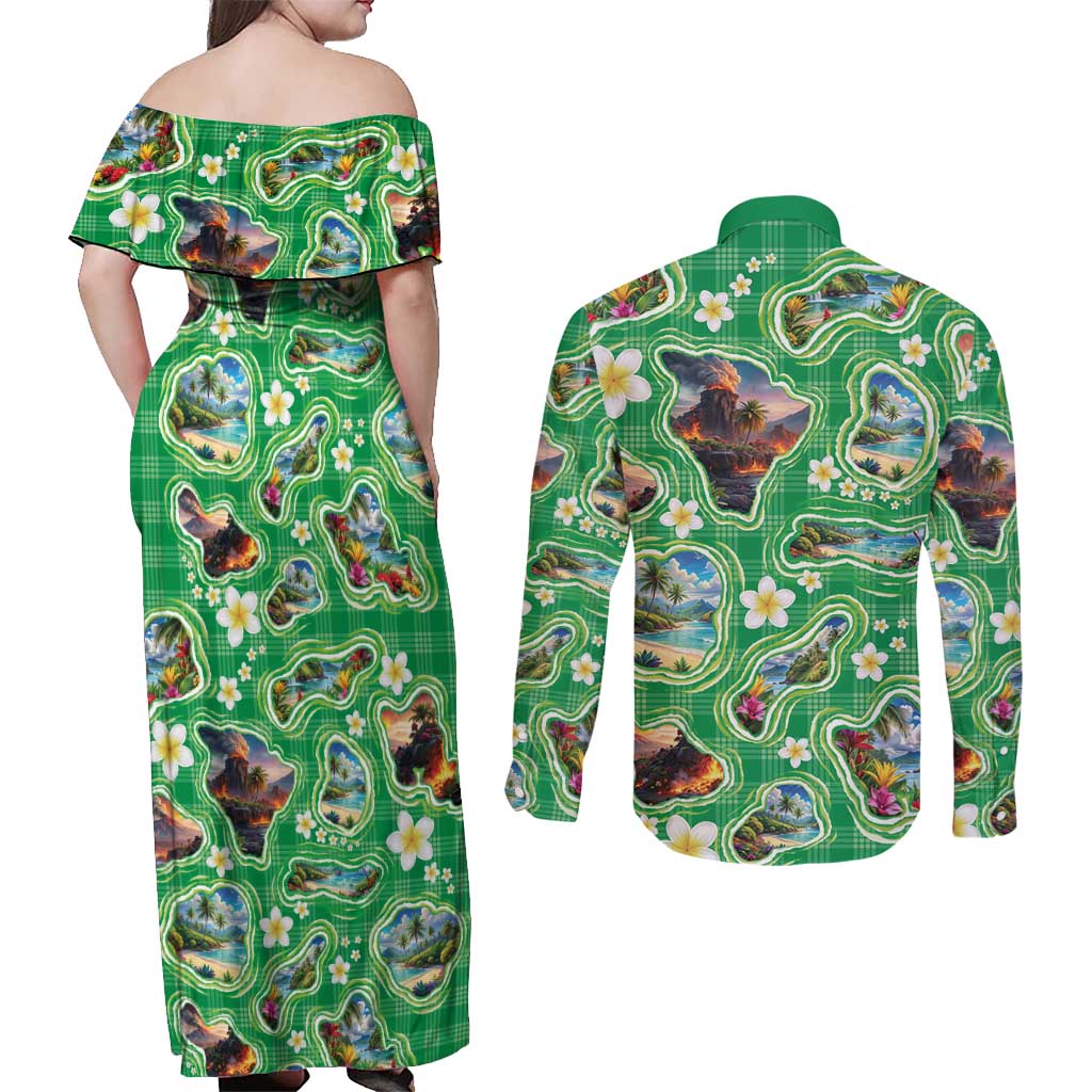 Hawaii Map with Plumeria Flower and Palaka Pattern Couples Matching Off Shoulder Maxi Dress and Long Sleeve Button Shirt Tropical Island Green Design
