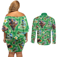 Hawaii Map with Plumeria Flower and Palaka Pattern Couples Matching Off Shoulder Short Dress and Long Sleeve Button Shirt Tropical Island Green Design