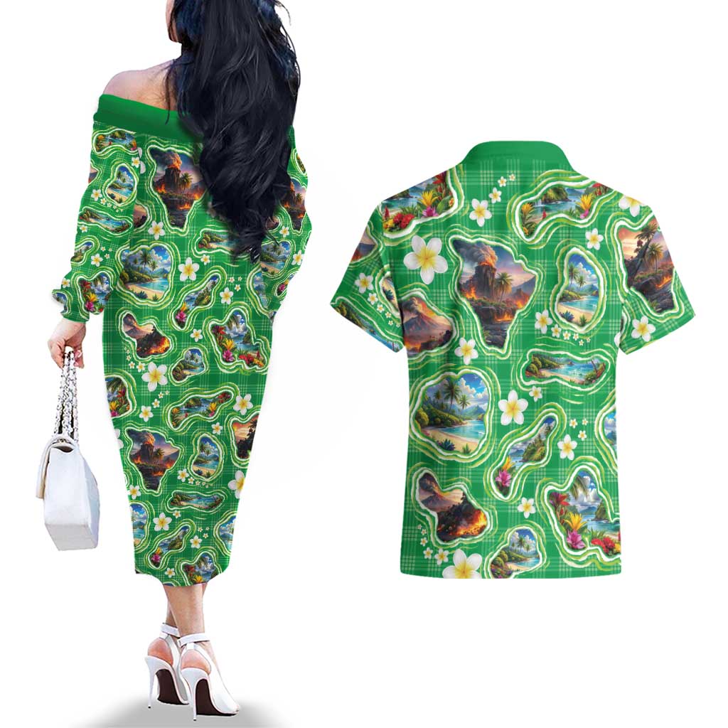 Hawaii Map with Plumeria Flower and Palaka Pattern Couples Matching Off The Shoulder Long Sleeve Dress and Hawaiian Shirt Tropical Island Green Design LT03 - Polynesian Pride