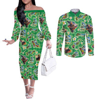 Hawaii Map with Plumeria Flower and Palaka Pattern Couples Matching Off The Shoulder Long Sleeve Dress and Long Sleeve Button Shirt Tropical Island Green Design
