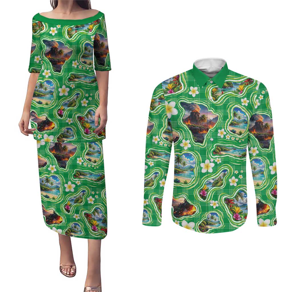 Hawaii Map with Plumeria Flower and Palaka Pattern Couples Matching Puletasi and Long Sleeve Button Shirt Tropical Island Green Design