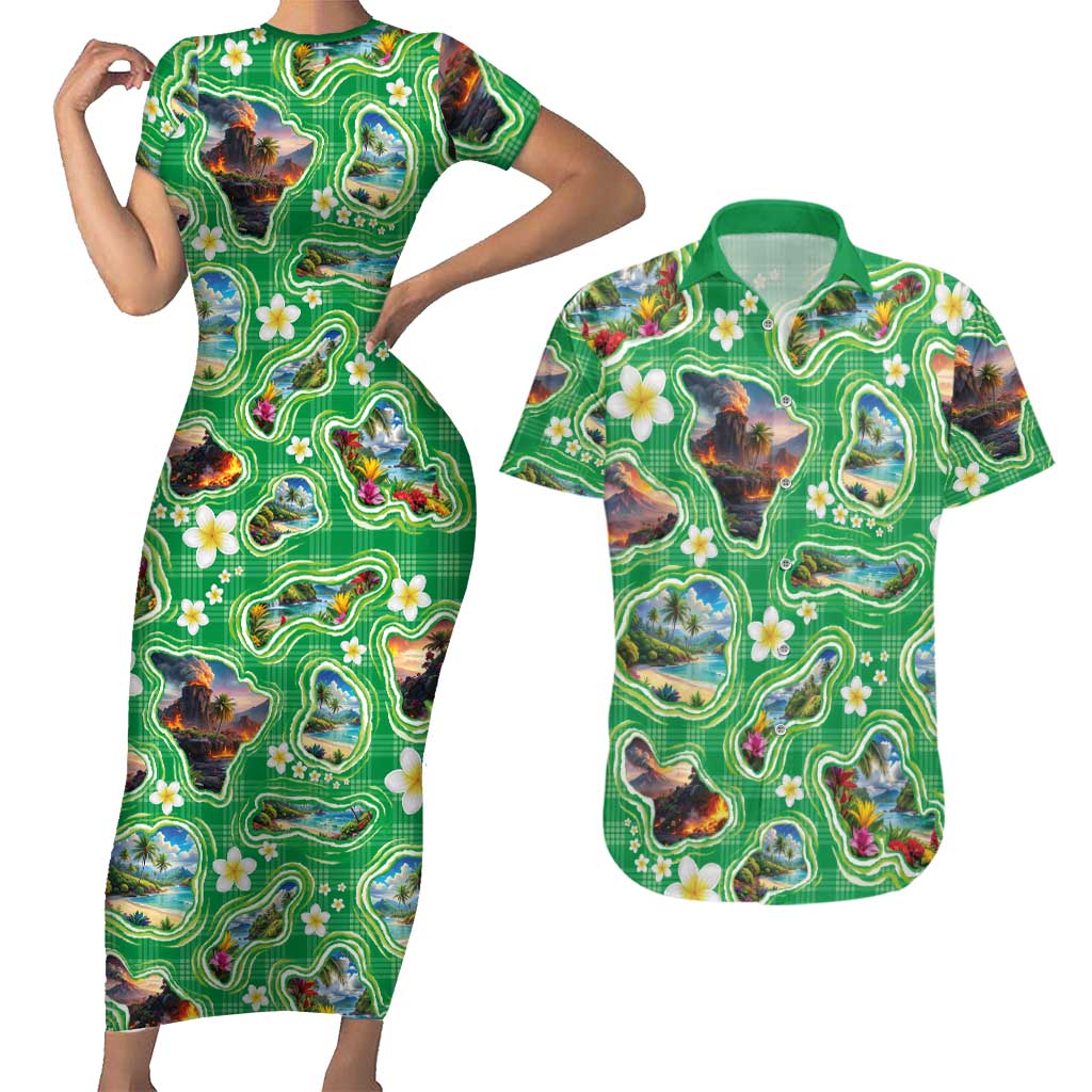 Hawaii Map with Plumeria Flower and Palaka Pattern Couples Matching Short Sleeve Bodycon Dress and Hawaiian Shirt Tropical Island Green Design