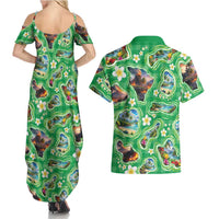 Hawaii Map with Plumeria Flower and Palaka Pattern Couples Matching Summer Maxi Dress and Hawaiian Shirt Tropical Island Green Design