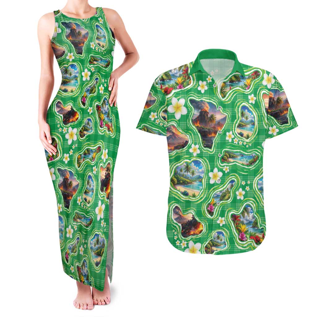 Hawaii Map with Plumeria Flower and Palaka Pattern Couples Matching Tank Maxi Dress and Hawaiian Shirt Tropical Island Green Design