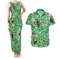 Hawaii Map with Plumeria Flower and Palaka Pattern Couples Matching Tank Maxi Dress and Hawaiian Shirt Tropical Island Green Design