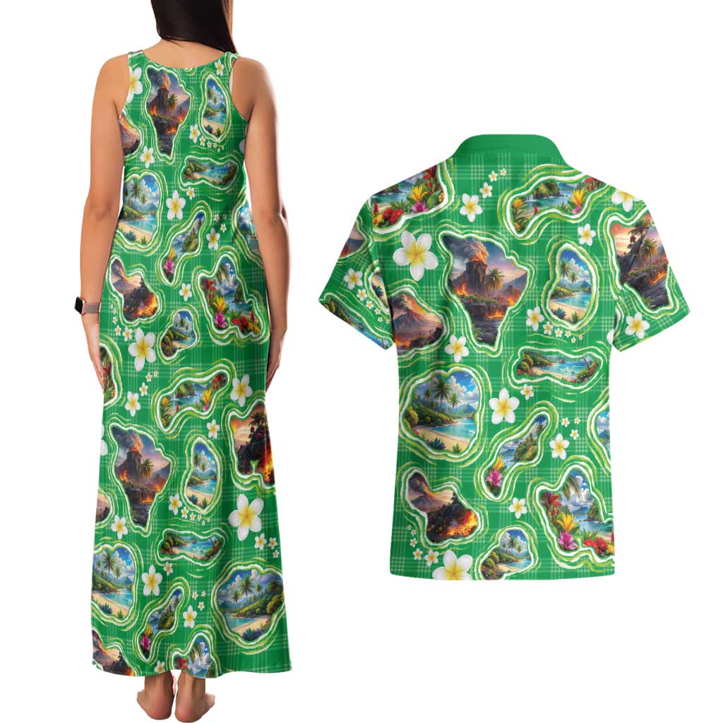 Hawaii Map with Plumeria Flower and Palaka Pattern Couples Matching Tank Maxi Dress and Hawaiian Shirt Tropical Island Green Design