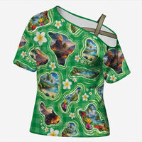 Hawaii Map with Plumeria Flower and Palaka Pattern Cross Shoulder Shirt Tropical Island Green Design