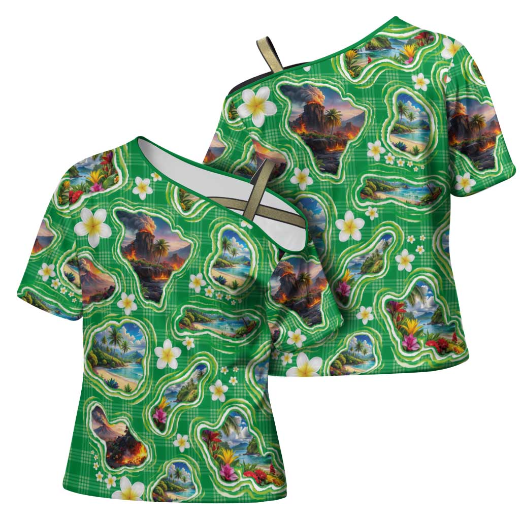 Hawaii Map with Plumeria Flower and Palaka Pattern Cross Shoulder Shirt Tropical Island Green Design