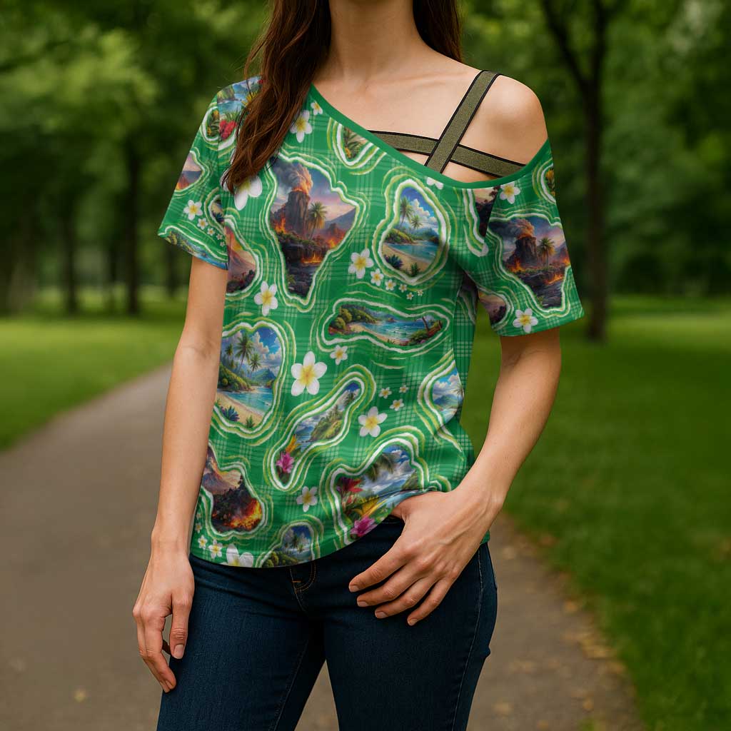 Hawaii Map with Plumeria Flower and Palaka Pattern Cross Shoulder Shirt Tropical Island Green Design