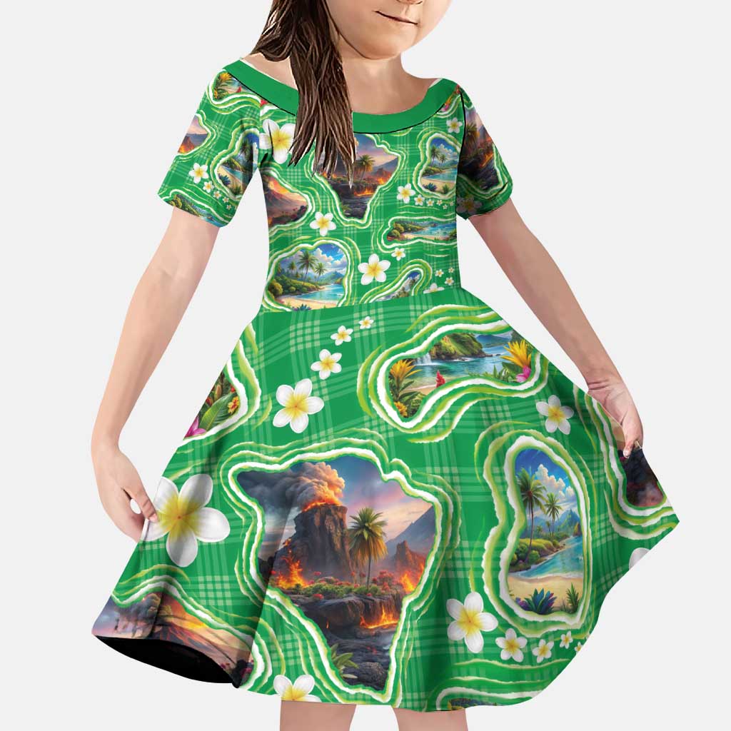 Hawaii Map with Plumeria Flower and Palaka Pattern Family Matching Long Sleeve Bodycon Dress and Hawaiian Shirt Tropical Island Green Design LT03 Daughter's Dress Green - Polynesian Pride