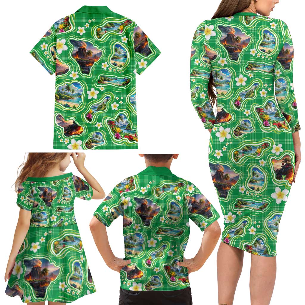 Hawaii Map with Plumeria Flower and Palaka Pattern Family Matching Long Sleeve Bodycon Dress and Hawaiian Shirt Tropical Island Green Design LT03 - Polynesian Pride