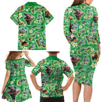 Hawaii Map with Plumeria Flower and Palaka Pattern Family Matching Long Sleeve Bodycon Dress and Hawaiian Shirt Tropical Island Green Design LT03 - Polynesian Pride