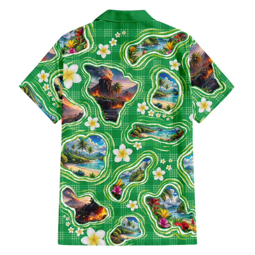 Hawaii Map with Plumeria Flower and Palaka Pattern Family Matching Long Sleeve Bodycon Dress and Hawaiian Shirt Tropical Island Green Design LT03 - Polynesian Pride