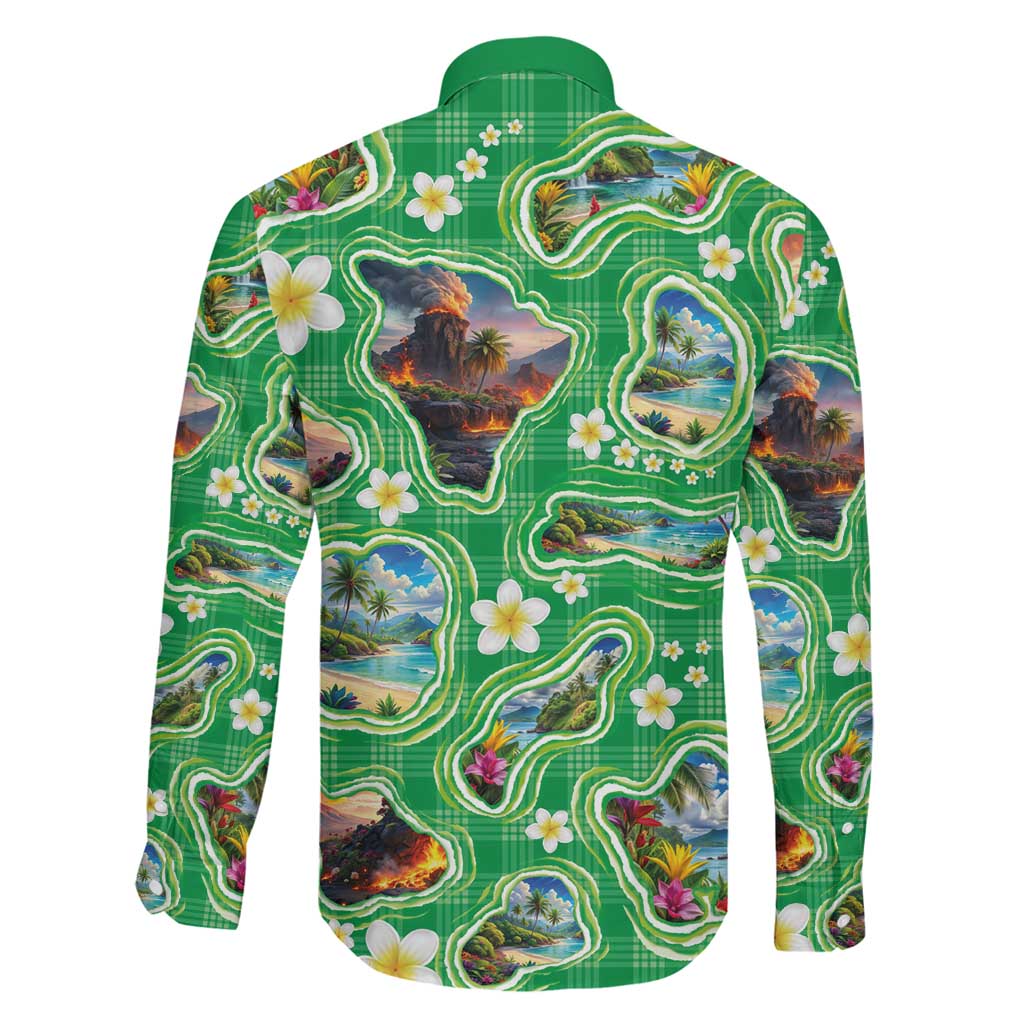 Hawaii Map with Plumeria Flower and Palaka Pattern Family Matching Long Sleeve Bodycon Dress and Hawaiian Shirt Tropical Island Green Design LT03 - Polynesian Pride