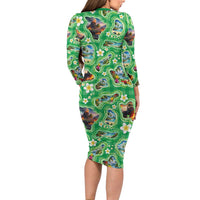 Hawaii Map with Plumeria Flower and Palaka Pattern Family Matching Long Sleeve Bodycon Dress and Hawaiian Shirt Tropical Island Green Design LT03 - Polynesian Pride