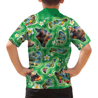 Hawaii Map with Plumeria Flower and Palaka Pattern Family Matching Off The Shoulder Long Sleeve Dress and Hawaiian Shirt Tropical Island Green Design LT03 - Polynesian Pride