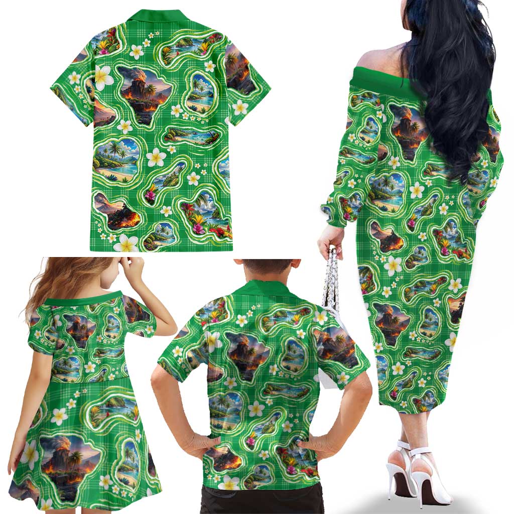 Hawaii Map with Plumeria Flower and Palaka Pattern Family Matching Off The Shoulder Long Sleeve Dress and Hawaiian Shirt Tropical Island Green Design LT03 - Polynesian Pride