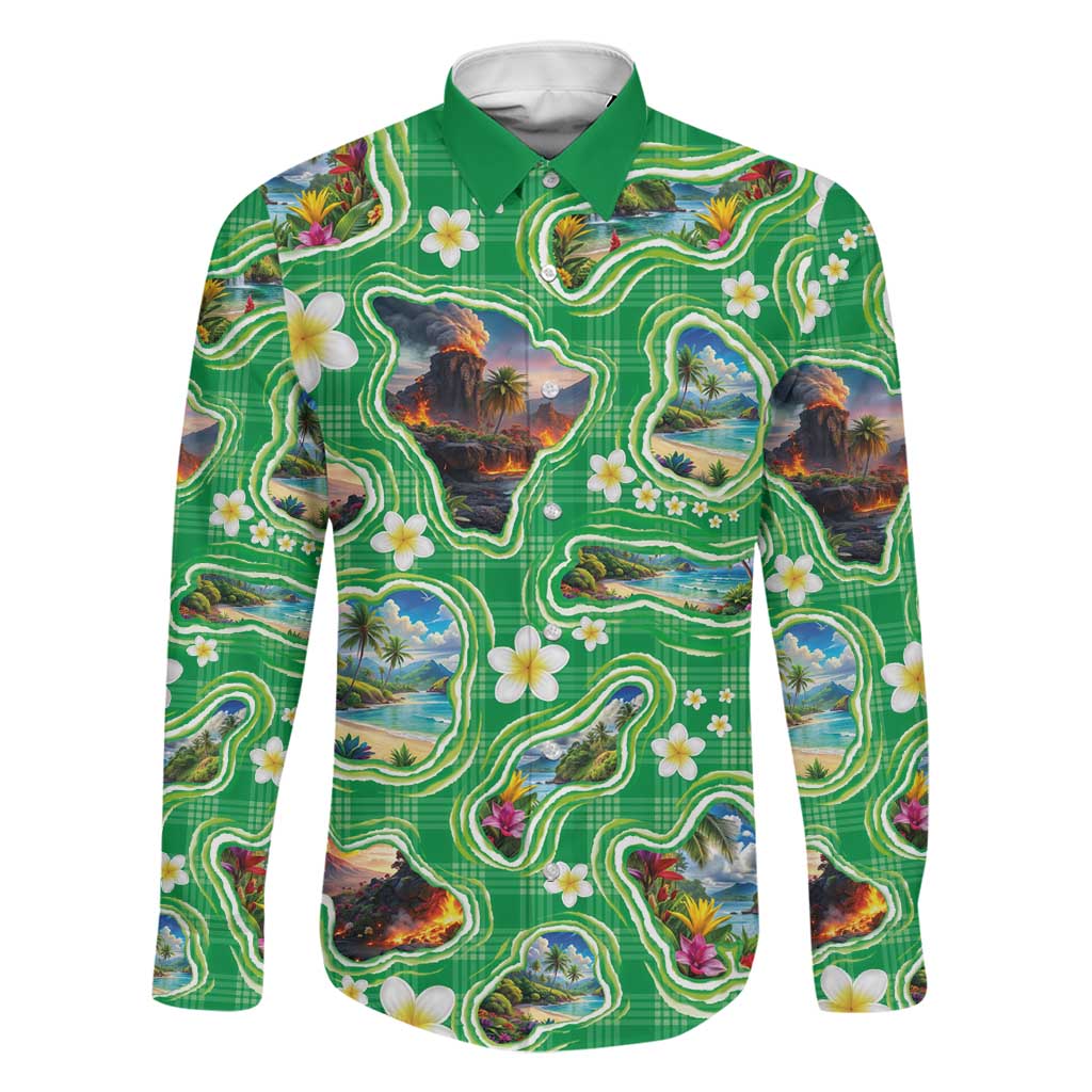 Hawaii Map with Plumeria Flower and Palaka Pattern Family Matching Off Shoulder Maxi Dress and Hawaiian Shirt Tropical Island Green Design LT03 Dad's Shirt - Long Sleeve Green - Polynesian Pride