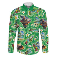 Hawaii Map with Plumeria Flower and Palaka Pattern Family Matching Off Shoulder Maxi Dress and Hawaiian Shirt Tropical Island Green Design LT03 Dad's Shirt - Long Sleeve Green - Polynesian Pride