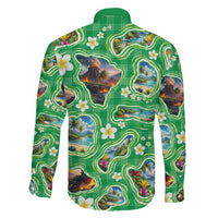 Hawaii Map with Plumeria Flower and Palaka Pattern Family Matching Off Shoulder Maxi Dress and Hawaiian Shirt Tropical Island Green Design LT03 - Polynesian Pride