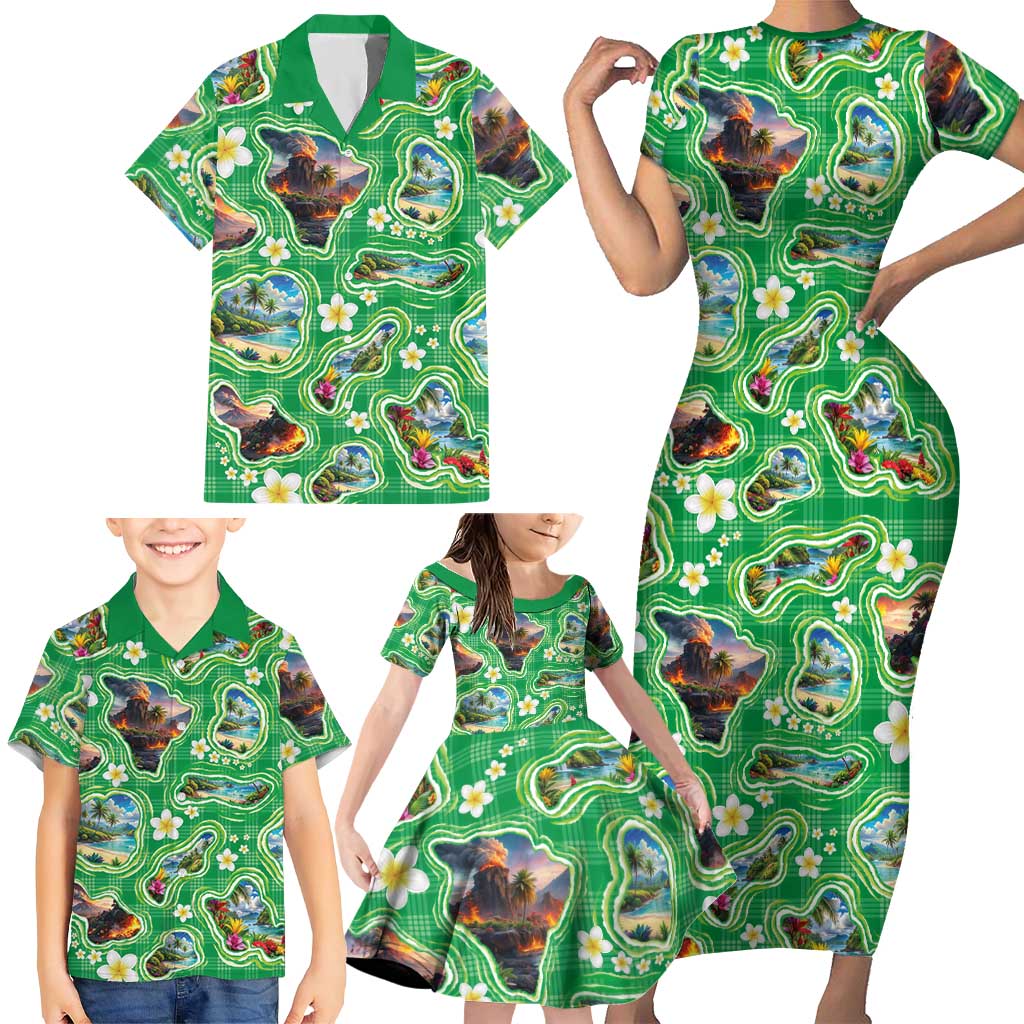 Hawaii Map with Plumeria Flower and Palaka Pattern Family Matching Short Sleeve Bodycon Dress and Hawaiian Shirt Tropical Island Green Design LT03 - Polynesian Pride
