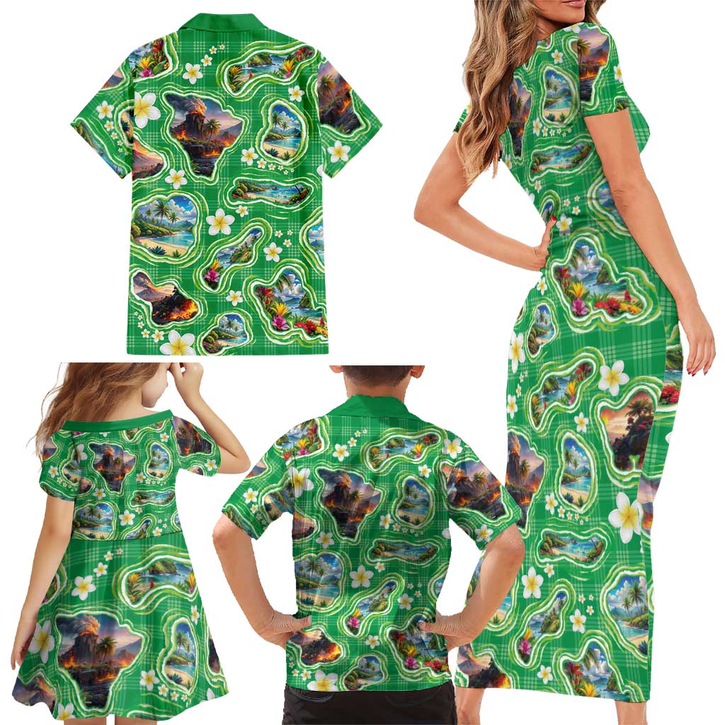 Hawaii Map with Plumeria Flower and Palaka Pattern Family Matching Short Sleeve Bodycon Dress and Hawaiian Shirt Tropical Island Green Design LT03 - Polynesian Pride