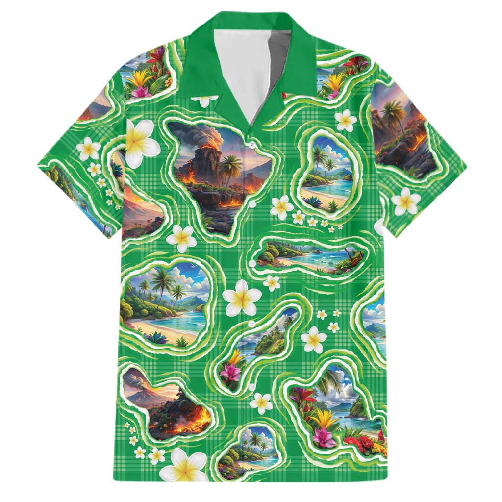 Hawaii Map with Plumeria Flower and Palaka Pattern Family Matching Short Sleeve Bodycon Dress and Hawaiian Shirt Tropical Island Green Design LT03 Dad's Shirt - Short Sleeve Green - Polynesian Pride