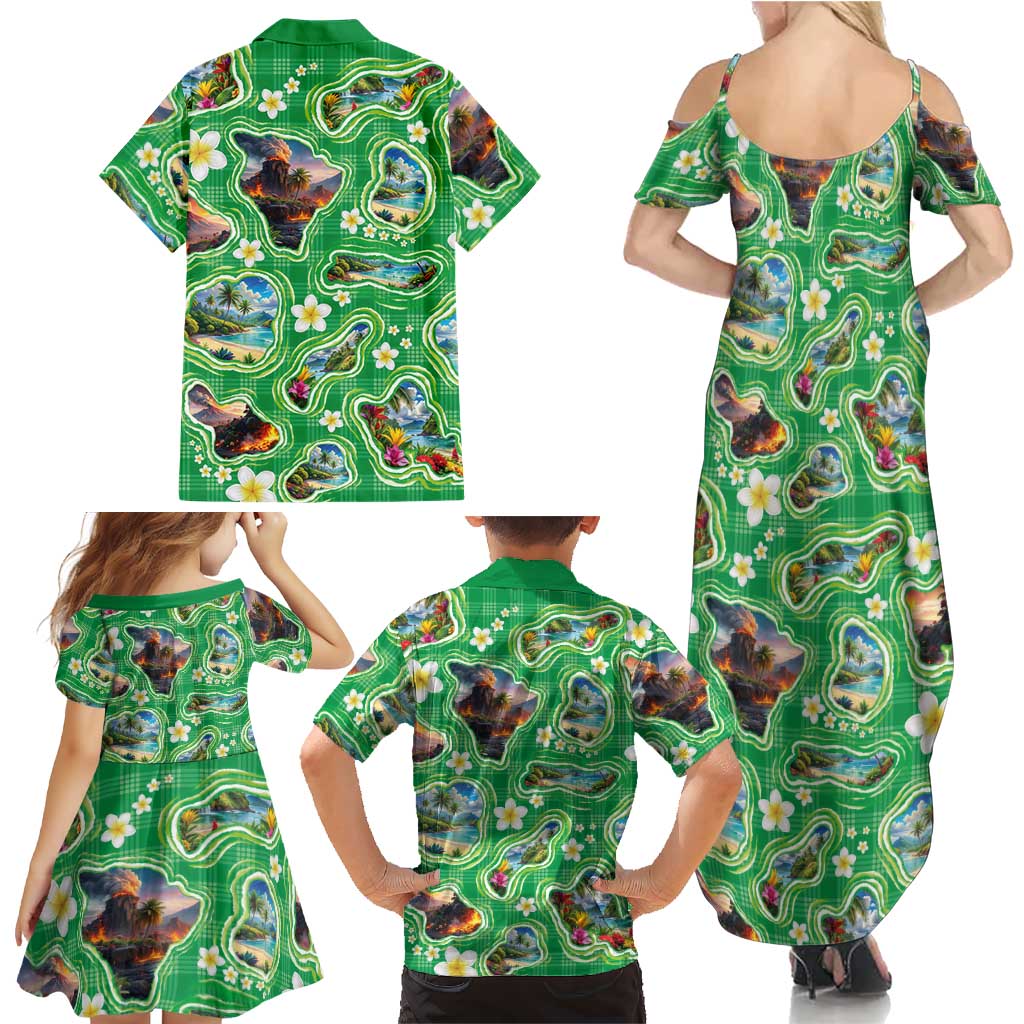 Hawaii Map with Plumeria Flower and Palaka Pattern Family Matching Summer Maxi Dress and Hawaiian Shirt Tropical Island Green Design LT03 - Polynesian Pride