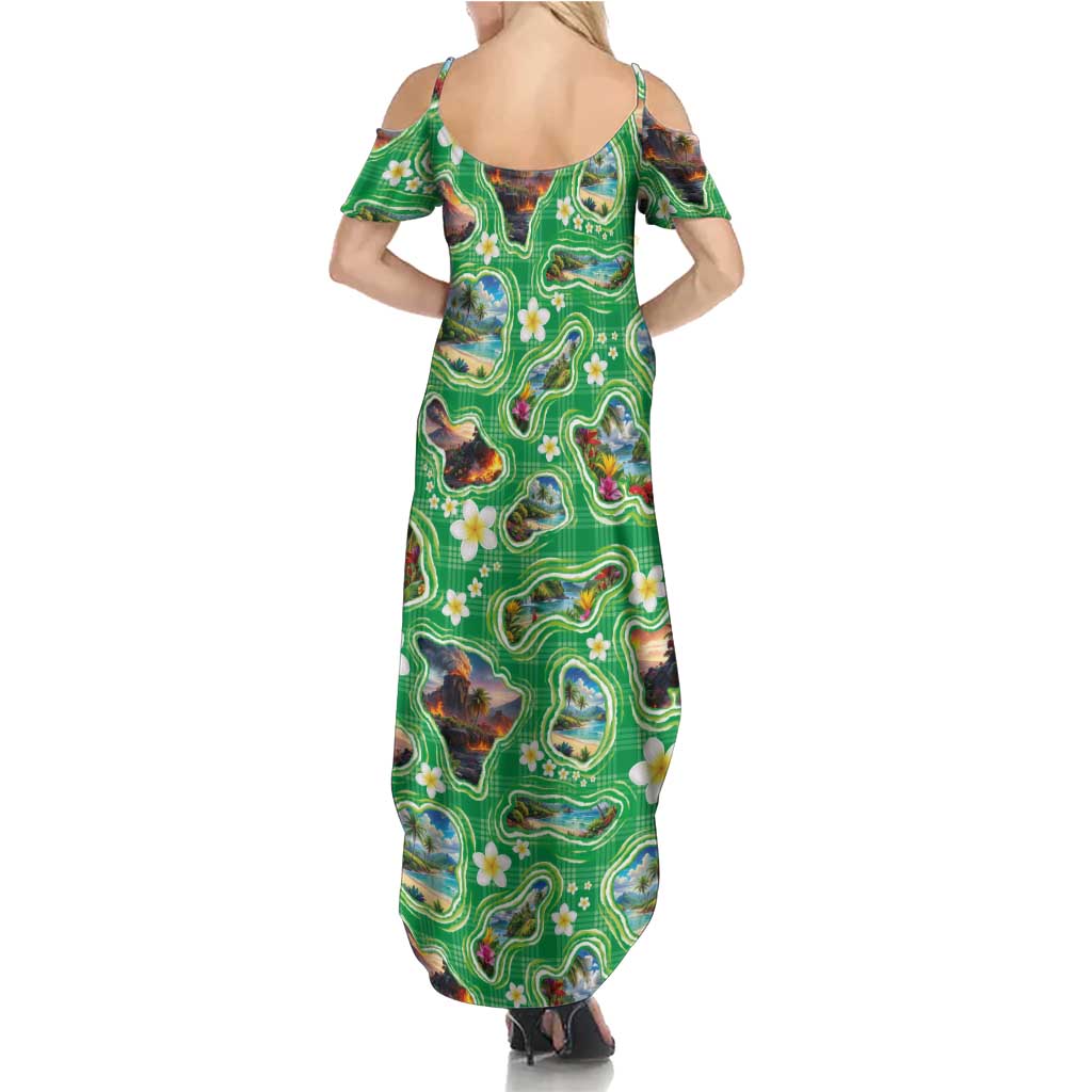 Hawaii Map with Plumeria Flower and Palaka Pattern Family Matching Summer Maxi Dress and Hawaiian Shirt Tropical Island Green Design LT03 - Polynesian Pride