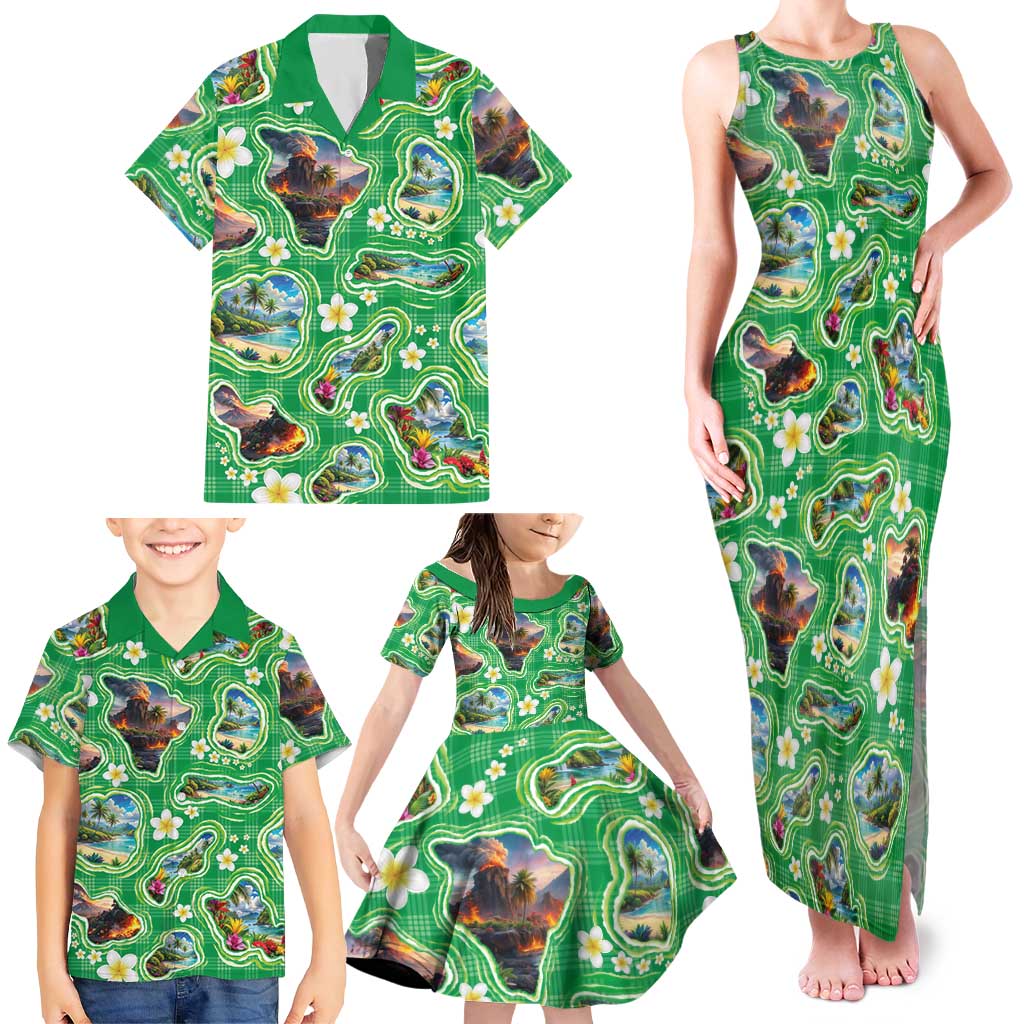 Hawaii Map with Plumeria Flower and Palaka Pattern Family Matching Tank Maxi Dress and Hawaiian Shirt Tropical Island Green Design LT03 - Polynesian Pride