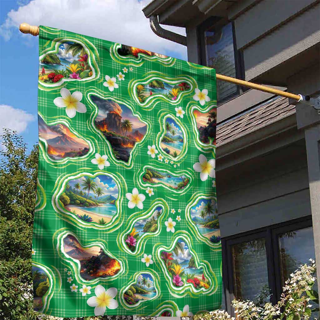 Hawaii Map with Plumeria Flower and Palaka Pattern Garden Flag Tropical Island Green Design