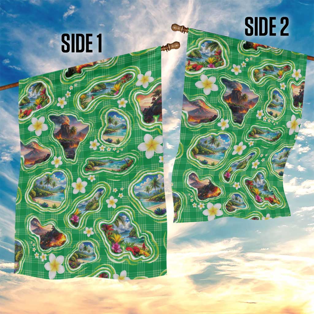Hawaii Map with Plumeria Flower and Palaka Pattern Garden Flag Tropical Island Green Design