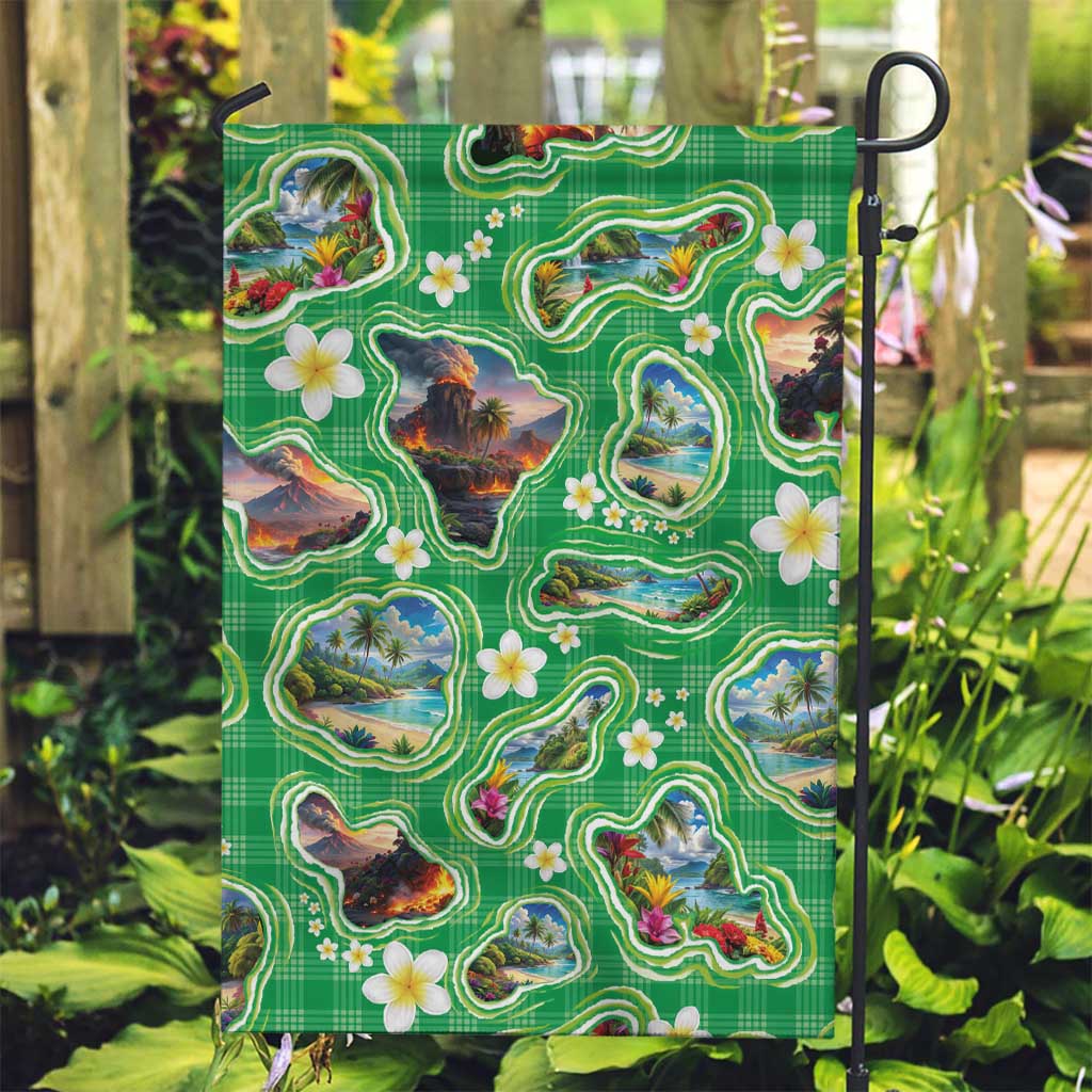Hawaii Map with Plumeria Flower and Palaka Pattern Garden Flag Tropical Island Green Design