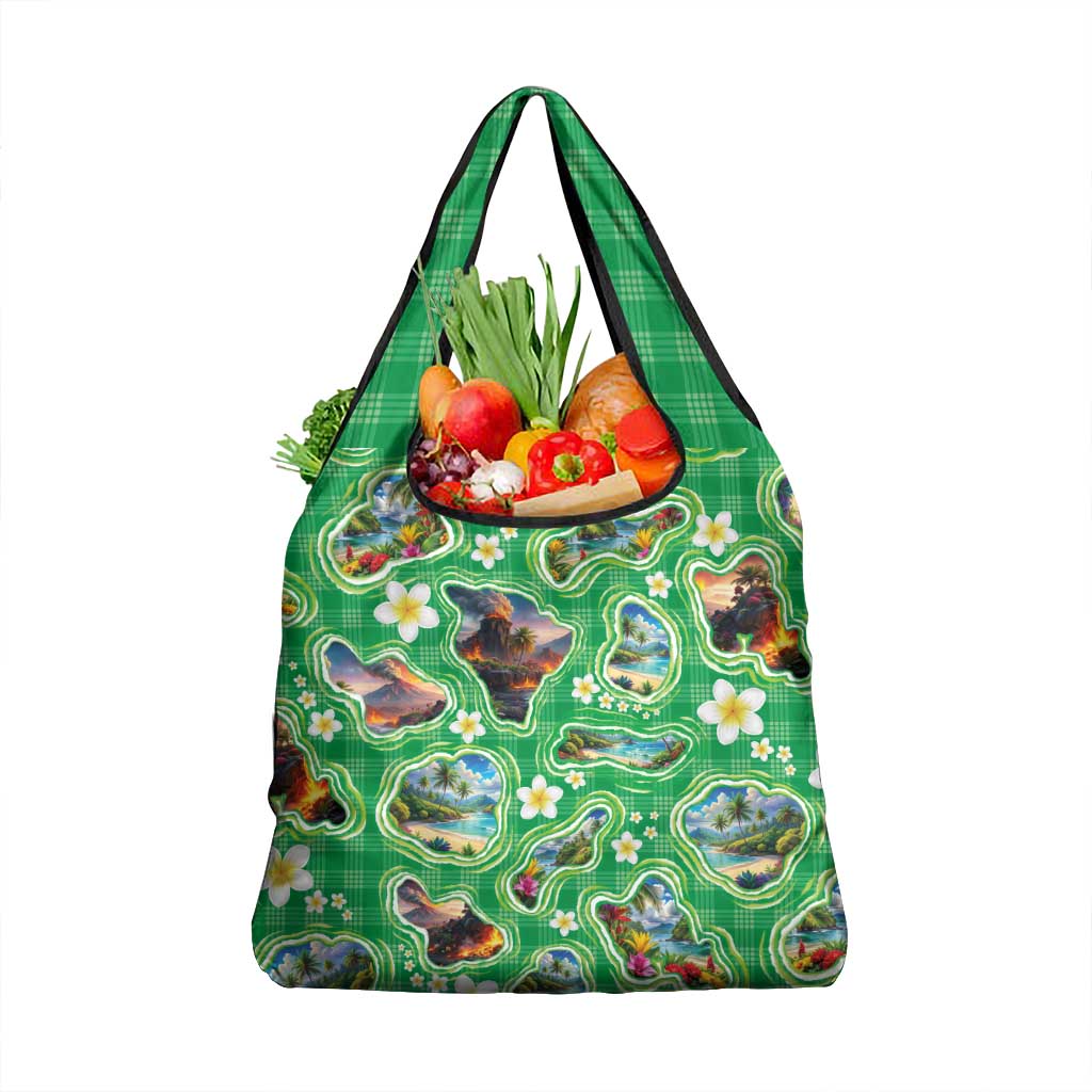 Hawaii Map with Plumeria Flower and Palaka Pattern Grocery Bag Tropical Island Green Design