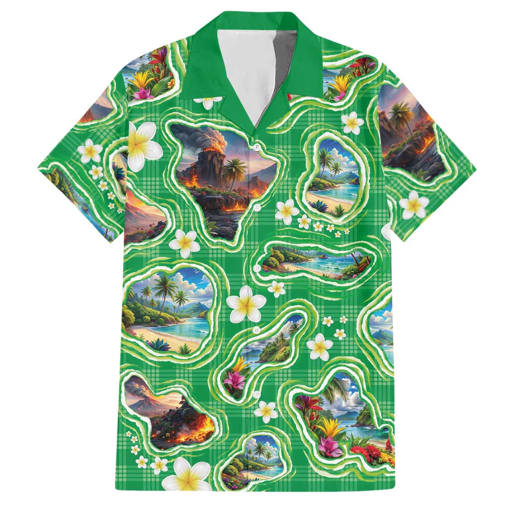 Hawaii Map with Plumeria Flower and Palaka Pattern Hawaiian Shirt Tropical Island Green Design