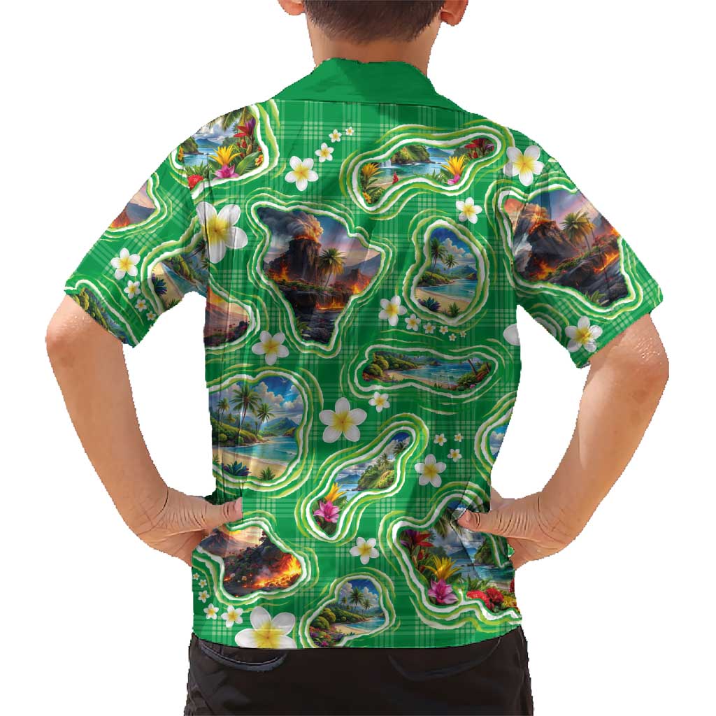 Hawaii Map with Plumeria Flower and Palaka Pattern Hawaiian Shirt Tropical Island Green Design