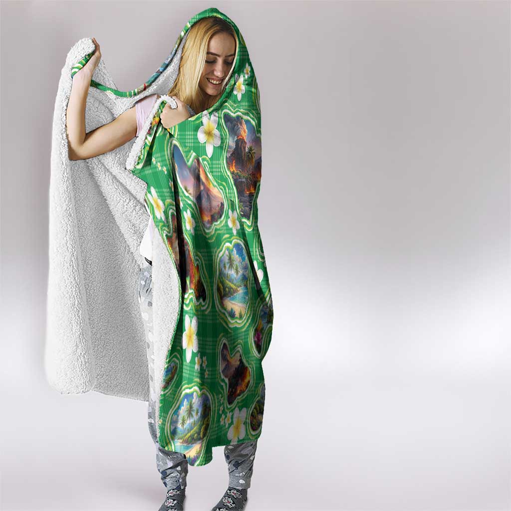 Hawaii Map with Plumeria Flower and Palaka Pattern Hooded Blanket Tropical Island Green Design