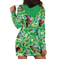 Hawaii Map with Plumeria Flower and Palaka Pattern Hoodie Dress Tropical Island Green Design