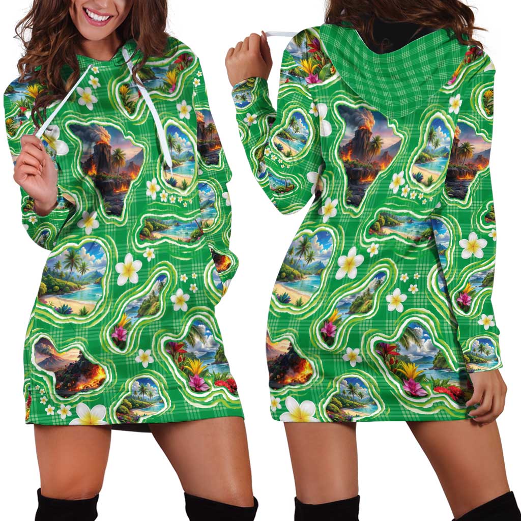 Hawaii Map with Plumeria Flower and Palaka Pattern Hoodie Dress Tropical Island Green Design