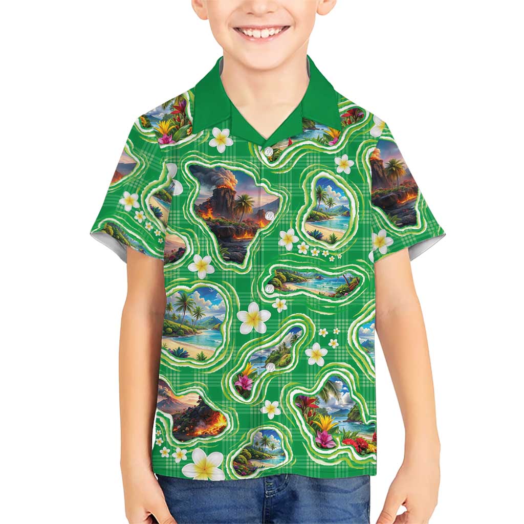Hawaii Map with Plumeria Flower and Palaka Pattern Kid Hawaiian Shirt Tropical Island Green Design