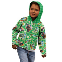 Hawaii Map with Plumeria Flower and Palaka Pattern Kid Hoodie Tropical Island Green Design