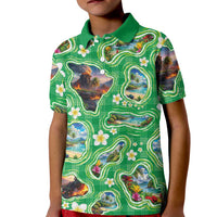 Hawaii Map with Plumeria Flower and Palaka Pattern Kid Polo Shirt Tropical Island Green Design