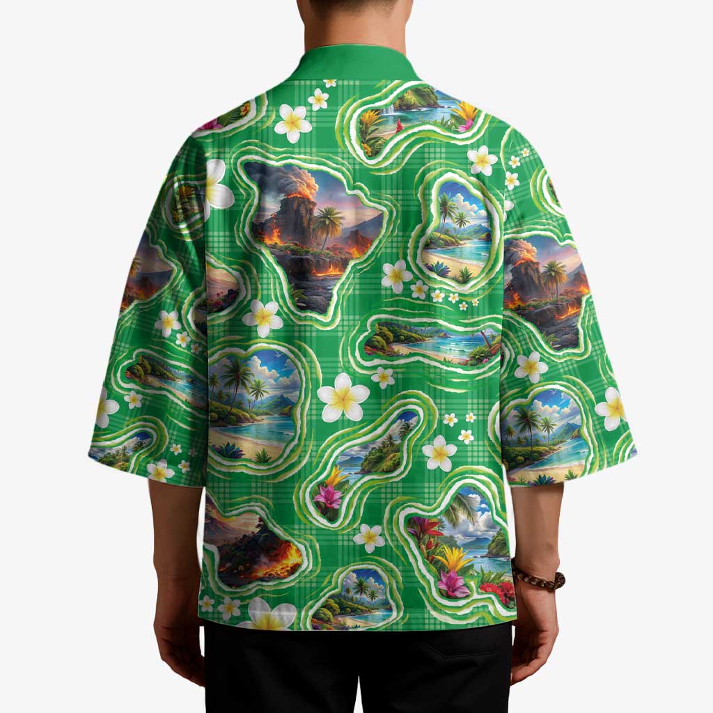 Hawaii Map with Plumeria Flower and Palaka Pattern Kimono Tropical Island Green Design