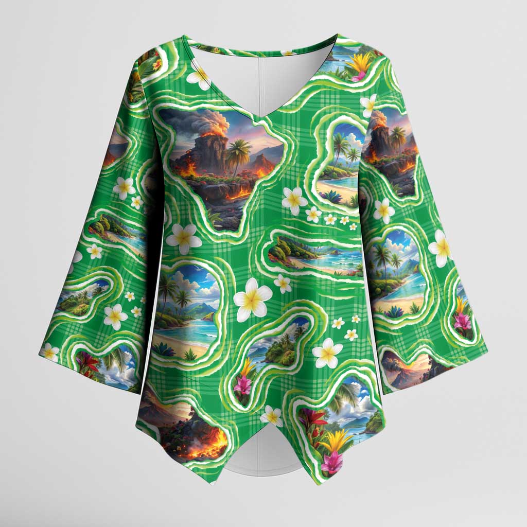 Hawaii Map with Plumeria Flower and Palaka Pattern Kimono Sleeve Blouse Tropical Island Green Design