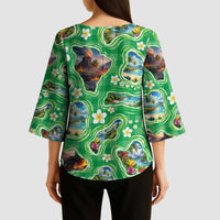 Hawaii Map with Plumeria Flower and Palaka Pattern Kimono Sleeve Blouse Tropical Island Green Design