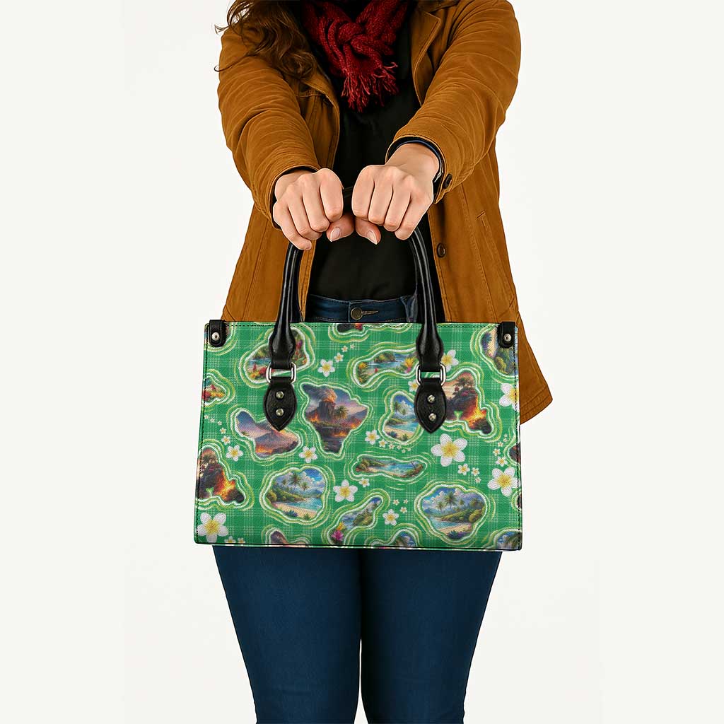 Hawaii Map with Plumeria Flower and Palaka Pattern Leather Bag Tropical Island Green Design